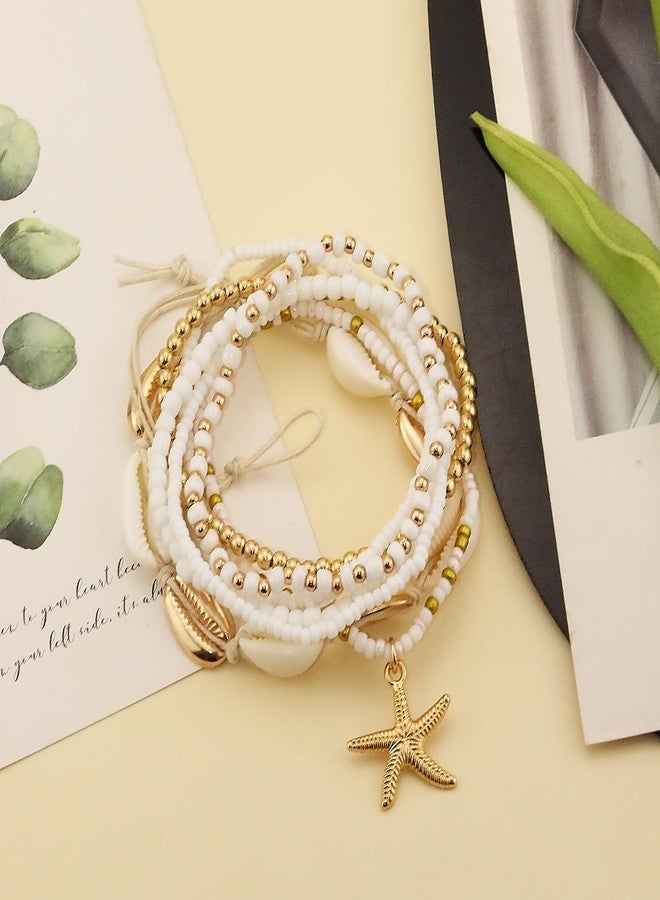 Xeyau Shell Anklets Bracelet for Women Waterproof Surfer Starfish Bracelet Puka Shell Anklet Colorful Boho Stack Stretch Bead Bracelet Set Hawaii Summer Beach Vacation Foot Jewelry (Gold) - Image 5